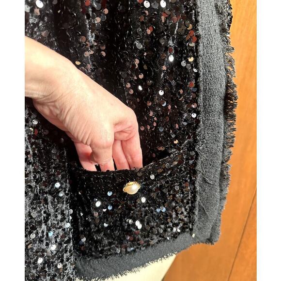 Nanette Lepore Black Sequins Velvet Pearl Buttons Open Front Jackets Women's 4 - Picture 6 of 8